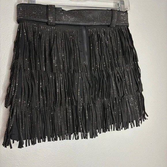Nylon Apparel Rhinestone Multilayered Tassel Belted Mini Skirt Small Black New - Picture 5 of 8